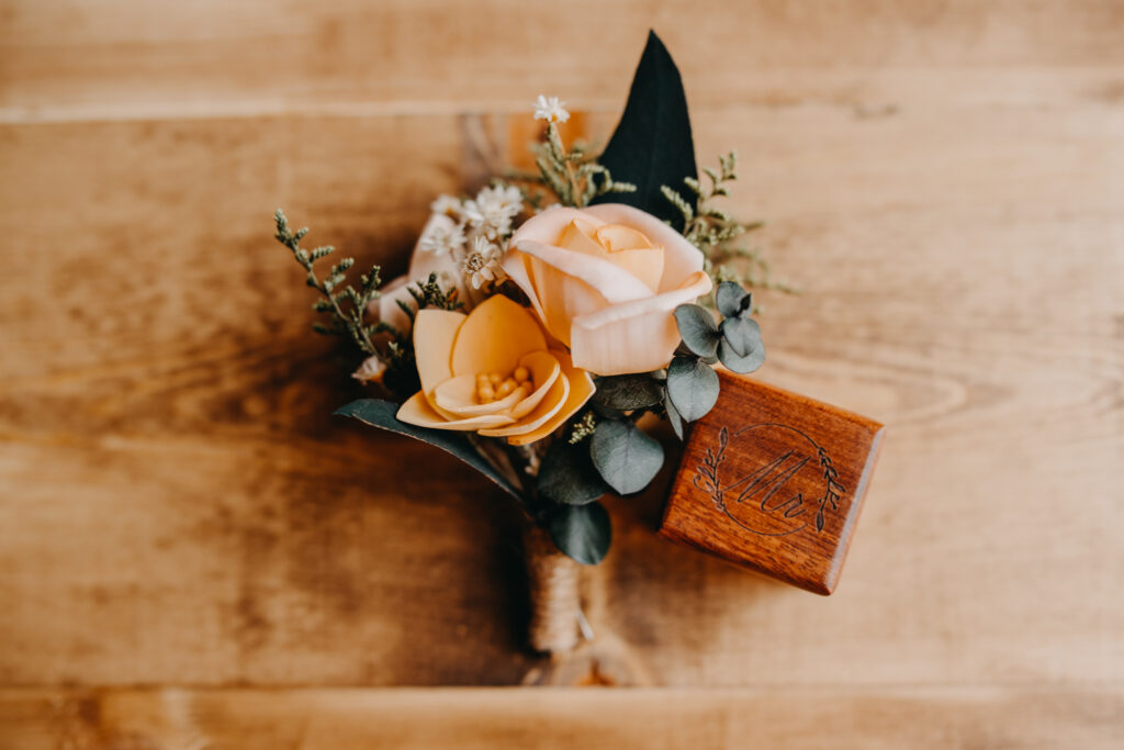 Groom's boutonniere and ring box at The Hinterland CT